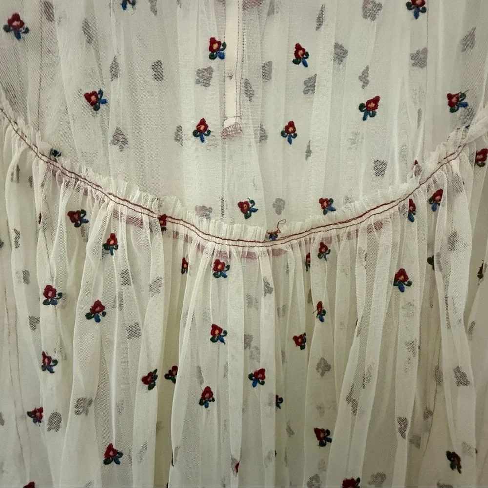 Free People Folklore Frock Dress XS Cream Sheer Embroidered Floral Boho Babydoll
